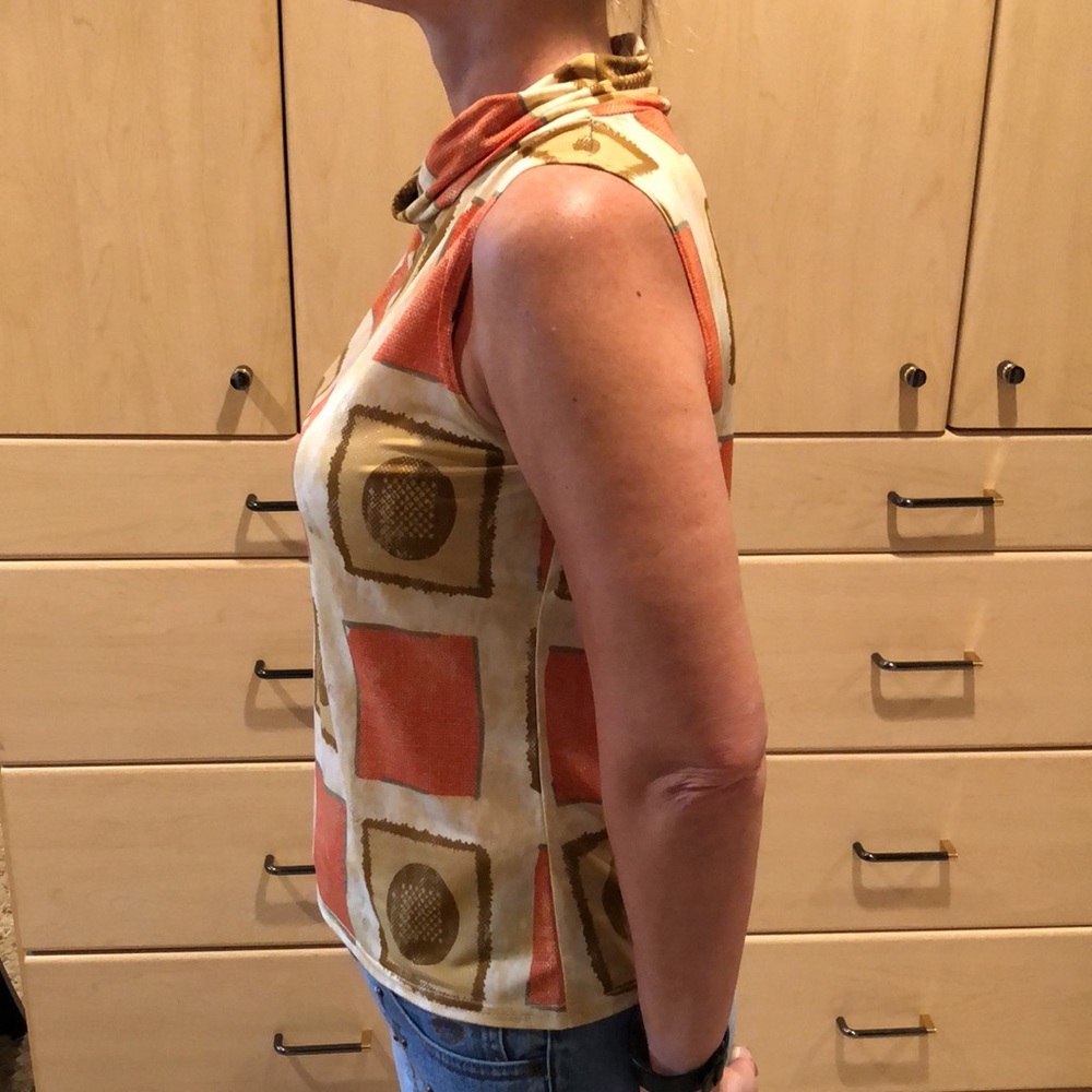 Sleeveless Geometric Print Cowl Neck Top - Orange/Gold - Picture 2 of 13